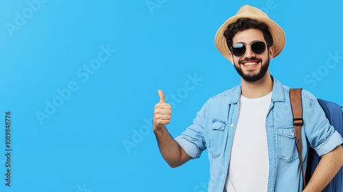 Excited male traveler ready for adventure. Portrait of a cheerful, satisfied man in casual clothes giving a thumbs-up, with sunglasses on, showing excitement for his upcoming journ photo