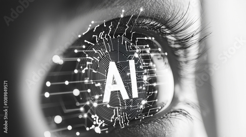 Close up of an eye with the word AI written in it, symbolizing artificial intelligence debate