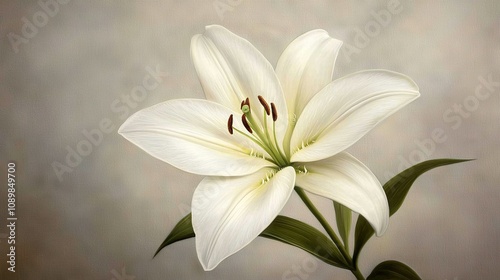   A white flower with green leaves is prominently featured against a muted gray backdrop