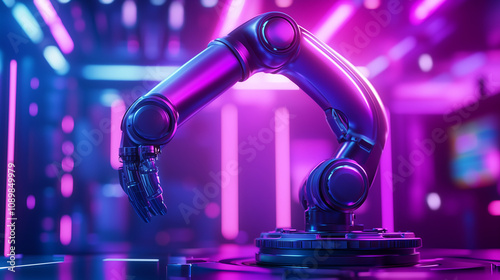 A futuristic purple robotic arm stands out in an advanced industrial setting, combining striking aesthetics with top-tier automation, showcasing the next generation of robotic tech