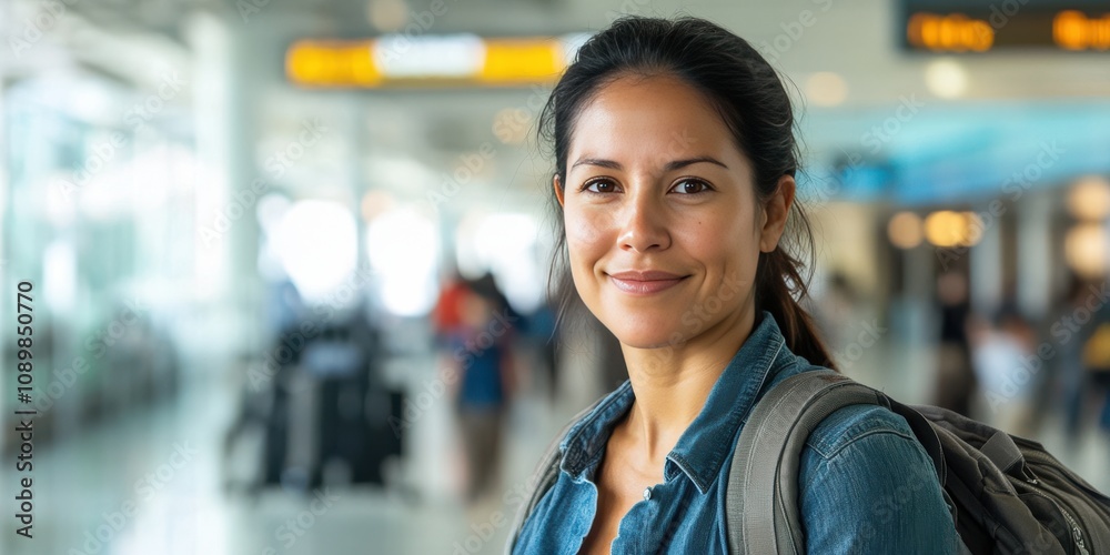 Fototapeta premium Smiling Woman at Airport: A Portrait of Travel and Adventure