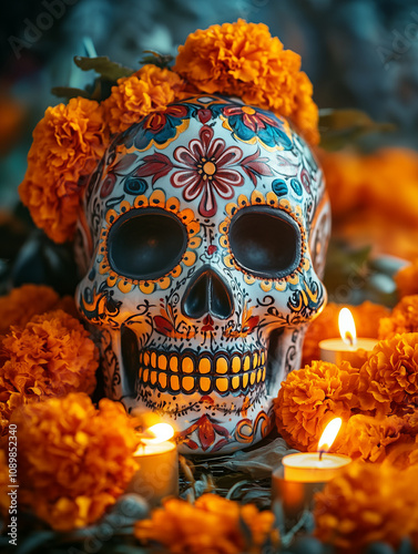 Decorative sugar skull with marigolds and candles for Día de los Muertos