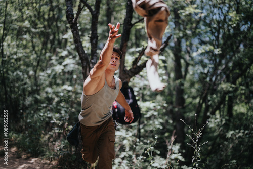 Outdoor adventure with a young man throwing his shirt while hiking in the forest on a sunny summer day, conveying freedom and enjoyment. photo