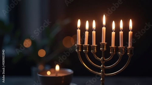 A golden menorah with burning candles is the centerpiece of a warm and inviting Hanukkah scene. Concept of a peaceful and traditional Hanukkah celebration. photo