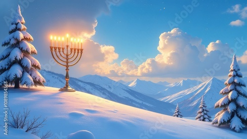 A menorah with glowing candles sits atop a snow-covered hill against a stunning winter mountain landscape, celebrating Hanukkah. Concept of traditional Hanukkah celebration. photo