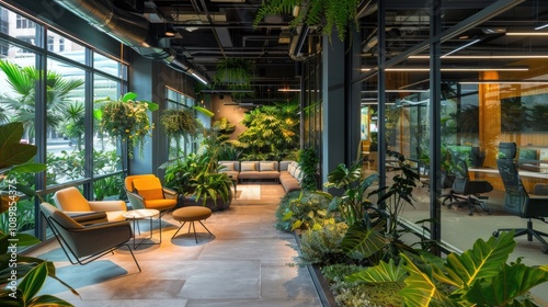 A contemporary office with a large indoor garden, featuring seating areas surrounded by plants and natural light