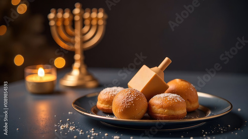 Sweet sufganiyot and a dreidel are displayed on a plate with a menorah and candle in the background, celebrating Hanukkah. Concept of Hanukkah treats and traditions. photo