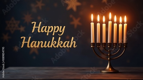 A menorah with lit candles on a wooden table against a dark background with sparkling stars, celebrating the joyous festival of Hanukkah. Happy Hanukkah. photo