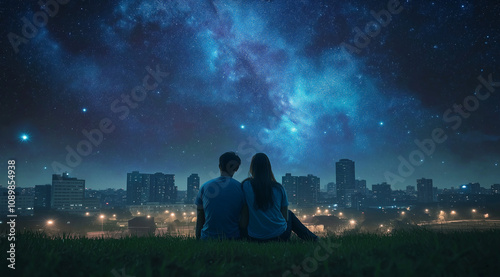 couple sits on a grassy hilltop, overlooking a city at night under a beautiful starry sky photo