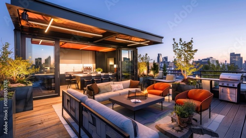 A contemporary office with a rooftop terrace, featuring outdoor seating, a barbecue area, and a panoramic city view