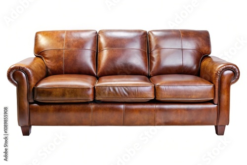 brown leather sofa isolated on a white background Close-Up