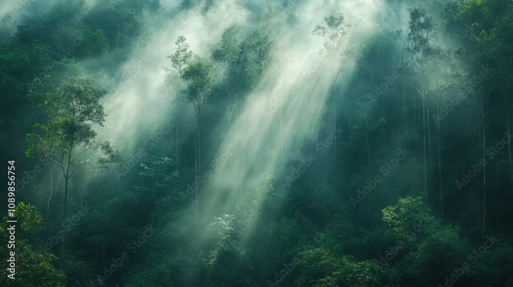 Fototapeta premium Sunbeams Illuminate a Misty Green Forest