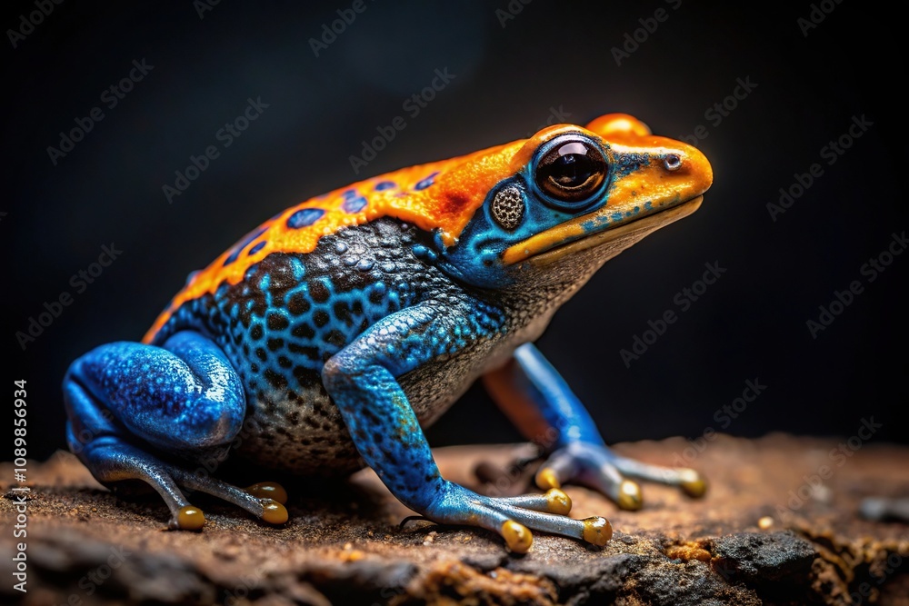 Fototapeta premium Colorful blue and orange toad on dark background