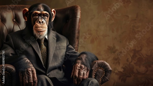 Monkey in elegant suit sits in leather chair. Anthropomorphic animal. AI generated illustration.