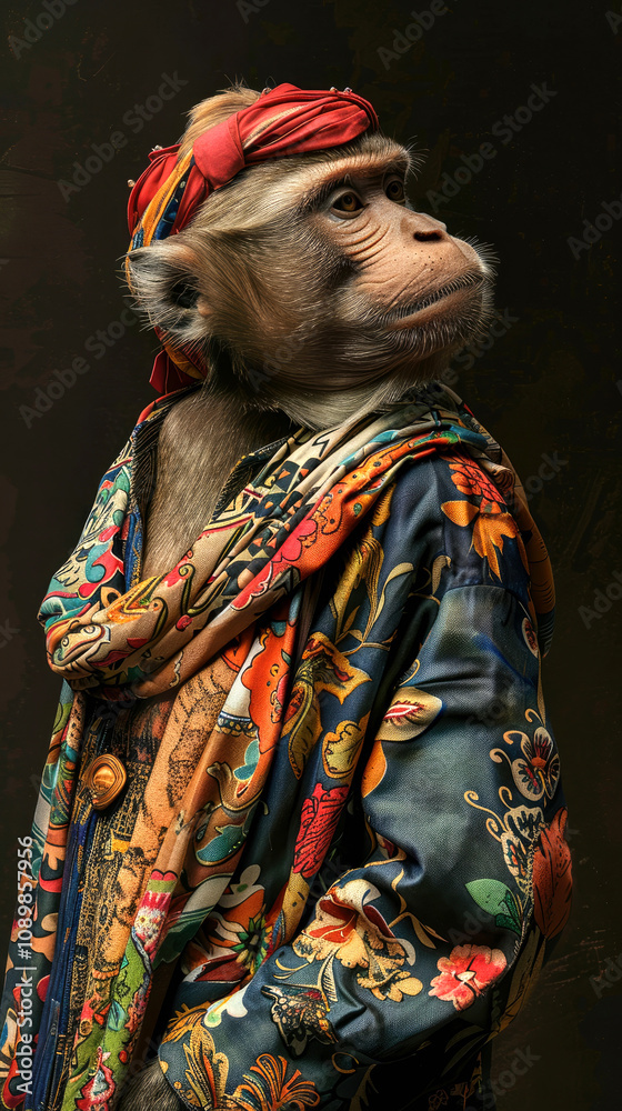 Obraz premium Portrait of anthropomorphic monkey dressed in bright colorful clothes. AI generated illustration.