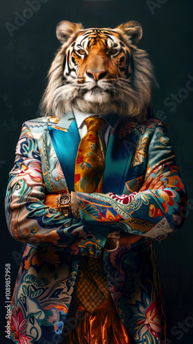 Portrait of an anthropomorphic tiger dressed in a bright colorful costume. AI generated illustration.
