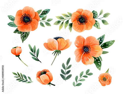 This image showcases a beautiful collection of orange flowers with delicate green leaves, highlighting nature's vibrant colors and elegant shapes in floral design.