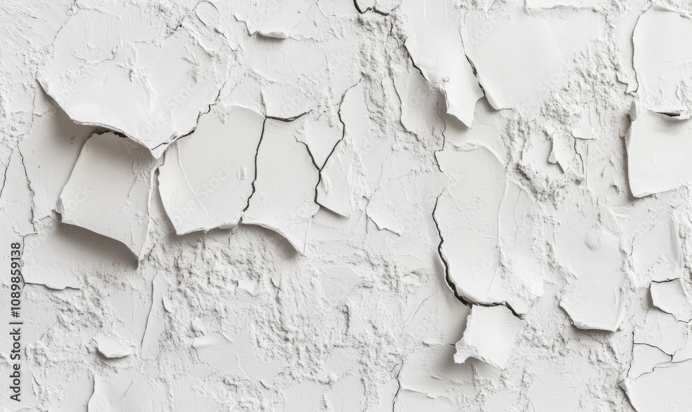 Obraz premium A close-up of a white wall displaying textures of cracked and peeling paint, capturing the essence of wear and weathering in its intricate patterns and layers