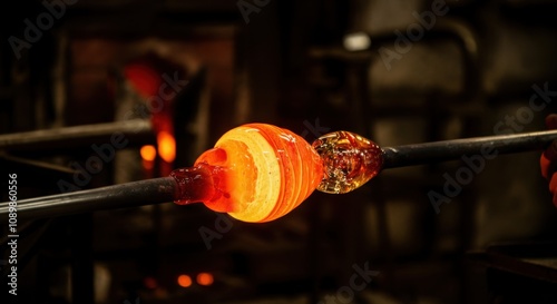 Artisan crafting molten glass in a workshop photo