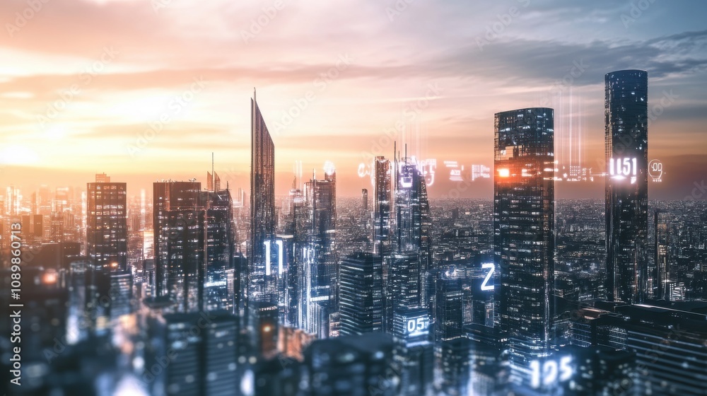 Obraz premium Futuristic cityscape with skyscrapers and digital data overlay at sunset