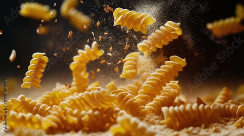 Spiraled Pasta Falling Into Floury Surface photo