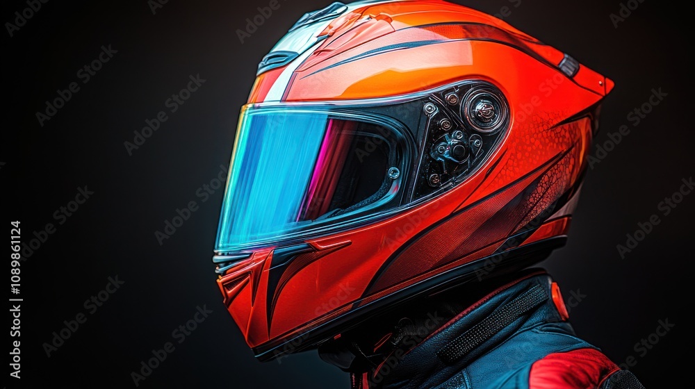 Fototapeta premium Profile view of an orange motorcycle helmet.