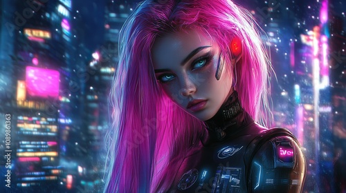 Cyberpunk Female with Pink Hair in a Neon City photo