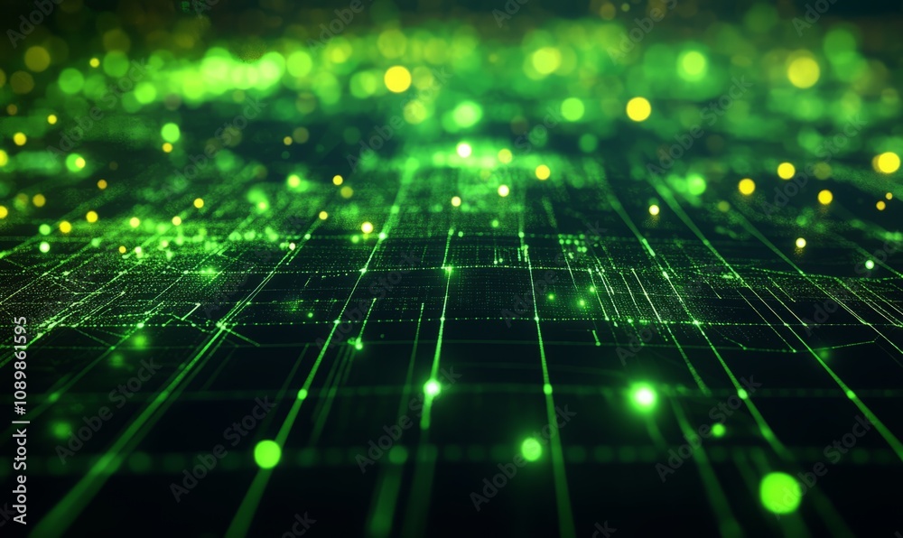 Obraz premium A dark grid abstract background with glowing neon green tech elements, minimalist design, and a futuristic vibe