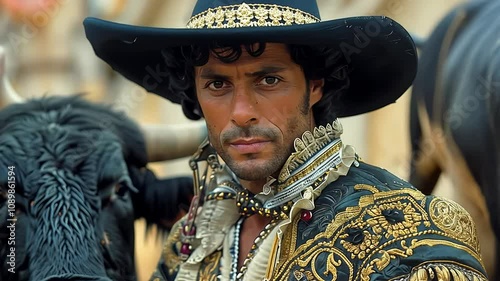 In an exhilarating display of tradition, a skilled Spanish bullfighter dons elaborate national dress while standing confidently next to a majestic black bull in a vibrant arena setting.