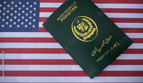 Travelling to USA from Pakistan concept, USA Flag and Pakistani passport. USA flag with Pakistani Passport
