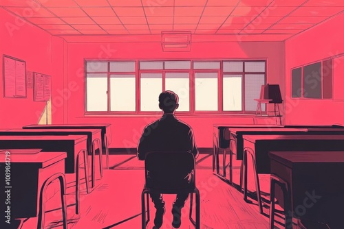 Minimalistic classroom scene featuring a teacher in a vibrant red environment
