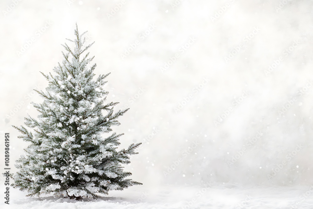 Fototapeta premium Simple green pine tree with snow on a white, frosty background