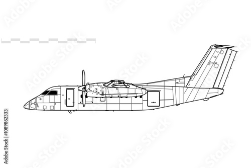 De Havilland Canada Dash 8-200, DHC-8-200. Vector drawing of turboprop regional airliner. Side view. Image for illustration and infographics.