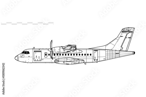 ATR 42-500. Vector drawing of turboprop regional airliner. Side view. Image for illustration and infographics.