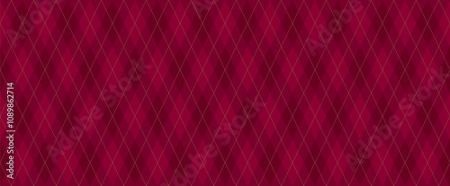 Dark Red Argyle Vector Pattern. Christmas Background. Harlequin Textile Print. Wine Red Diamonds with Gold Accent Lines. Seamless Pattern Tile.