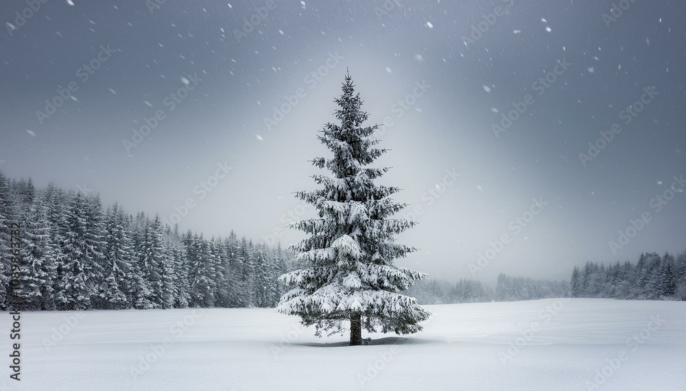Fototapeta premium モミの木が雪をかぶり、白い雪に覆われた雪原に静かに佇んでいる。灰色の空から降り積もる雪が冬の静けさを引き立てます。