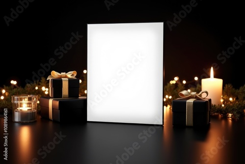 A blank white sign encircled by candles and stylish black gift boxes on a dark festive background. Ideal for creating holiday mockups, greeting cards, or seasonal marketing materi photo