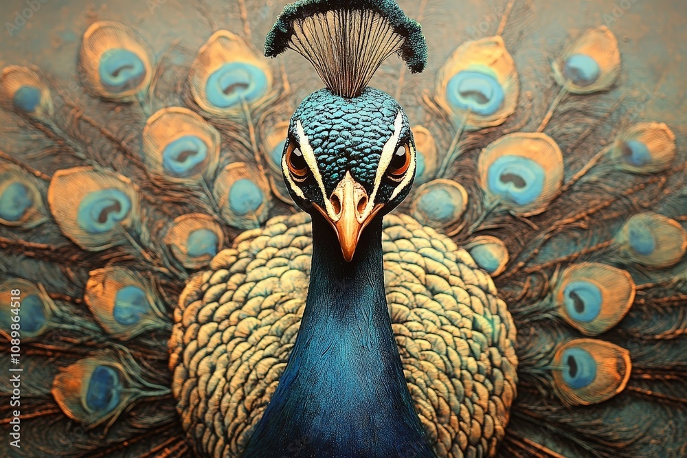 Fototapeta premium Majestic Peacock Displaying Its Vibrant Feather Plumage in Full Splendor