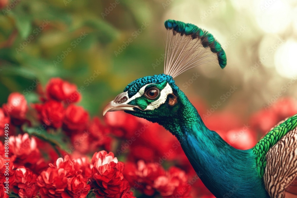 Obraz premium Vibrant peacock in minimalistic garden setting with red flowers for elegant decorative design