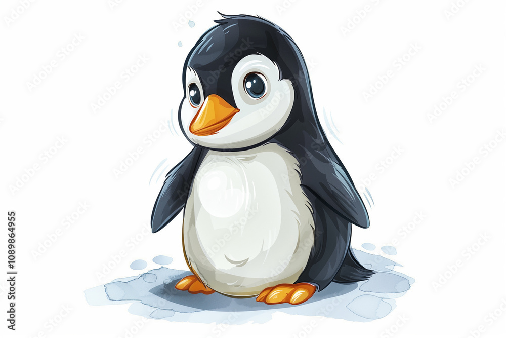 Obraz premium Cartoon baby penguin on snowy ground under snow, isolate on white background.
