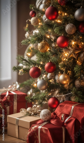 A basket of Christmas ornaments by a shining Christmas tree.