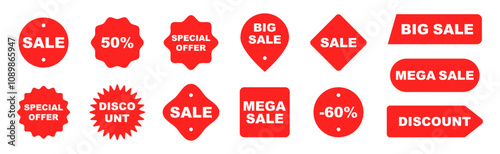 Set of vector red starburst, sunburst badges. Simple flat style vintage labels, stickers with sale discount text. Sale quality tags and labels. Template banner shopping badges