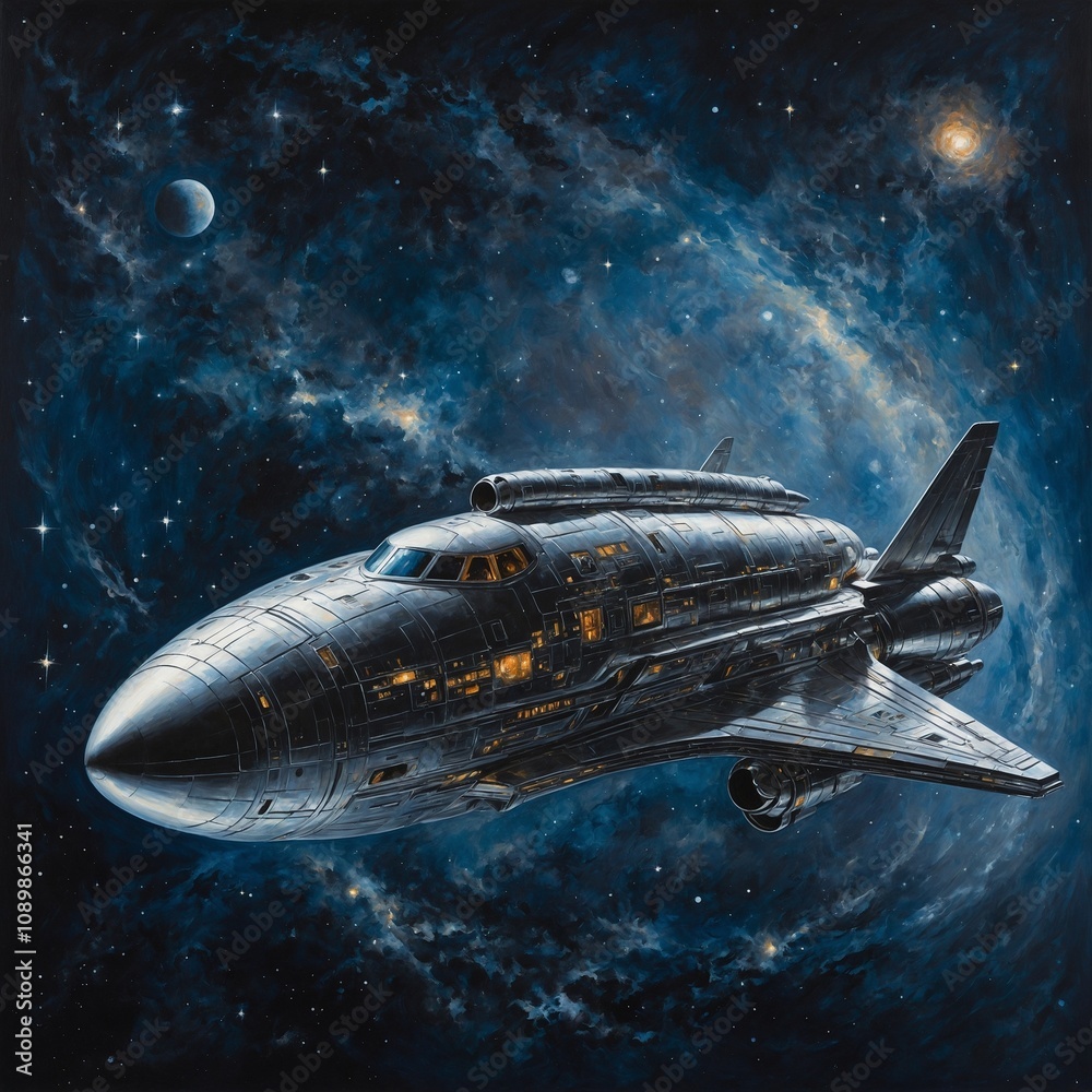 Obraz premium In a mesmerizingly ethereal depiction, an augmented silvery astral aircraft gleams with otherworldly brilliance. This stunning gouache painting captures the sleek metallic curves of the spacecraft aga
