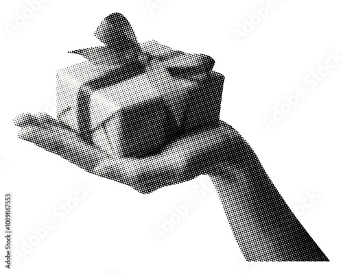 female hand holding small gift box isolated retro halftone grunge dotted cut-out vintage collage element for holiday greeting mixed media design