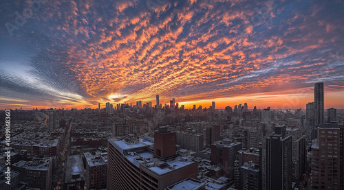 city skyline at sunset. Dramatic orange and pink clouds fill the sky above the buildings photo