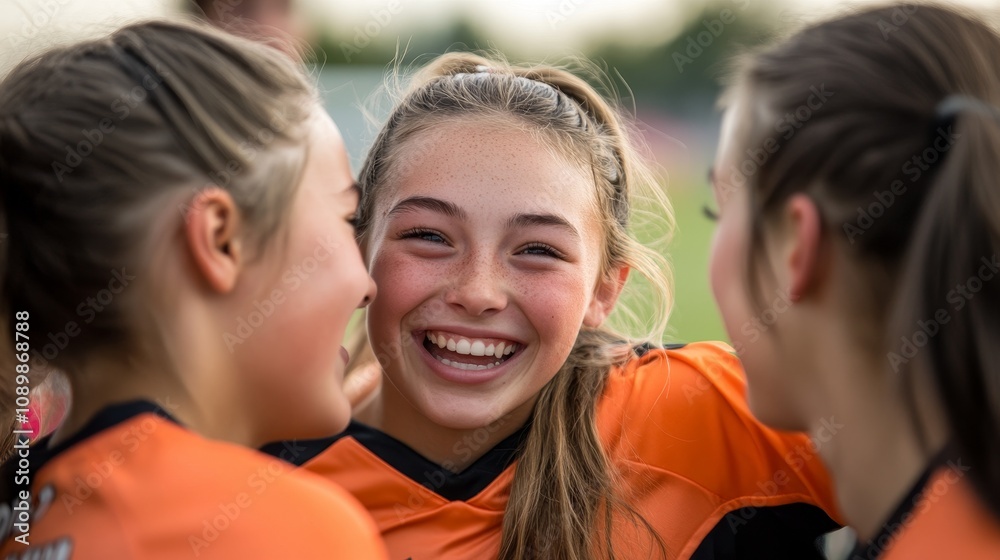 Fototapeta premium A Joyful Young Soccer Team Celebrating Together Enthusiastically After Their Game Has Concluded Successfully