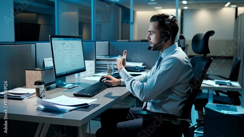 a call center employee working late at night in a professional office setting. The business man sits at a computer, wearing a headset, with smooth, coordinated gestures as he types on the keyboard and