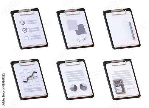 Sticky notes, paper reminder, clipboard, paper clip, calculator, memo notes, pencil, highliner, organizer collection