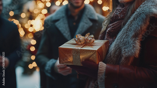 Close-Up of Hands Holding Christmas Gift with Gold Wrapping