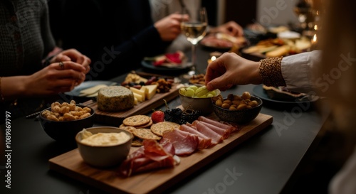 Friends enjoying a cozy evening with wine and charcuterie board